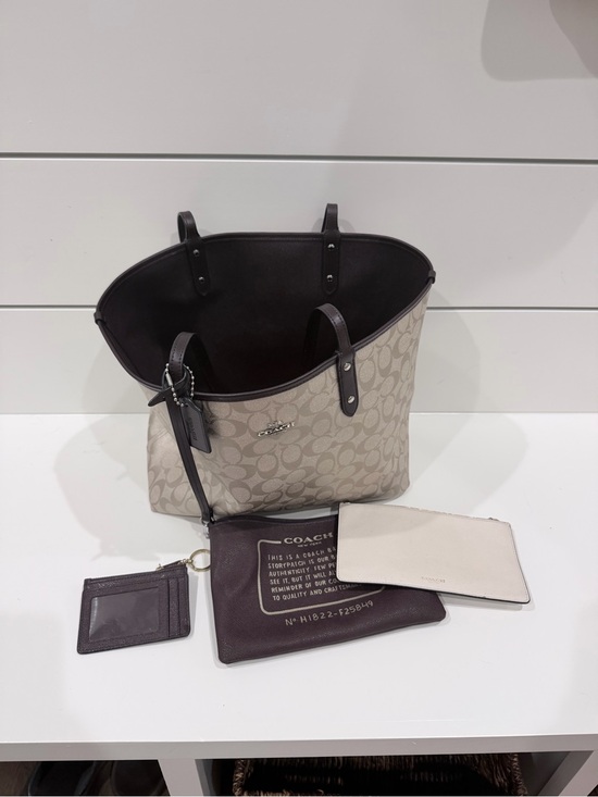Coach Handbags - Reversible Coach Tote in Khaki/Chalk with Dark Brown/burgundy Trim and Handles.